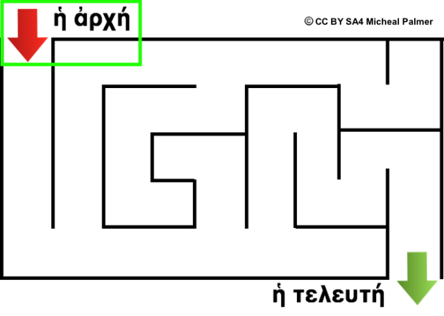 maze with beginning and end marked in Greek