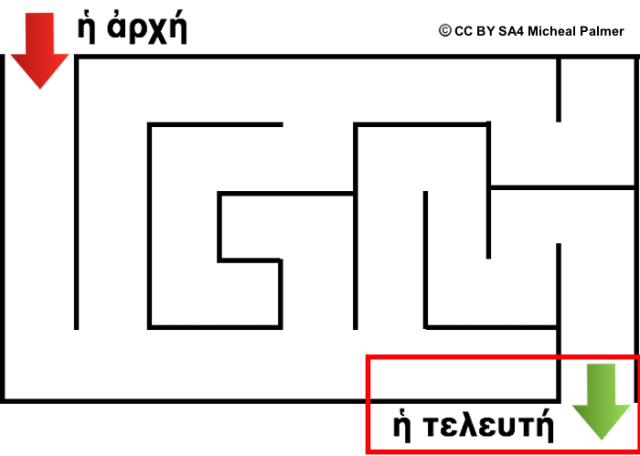 maze with beginning and end marked in Greek